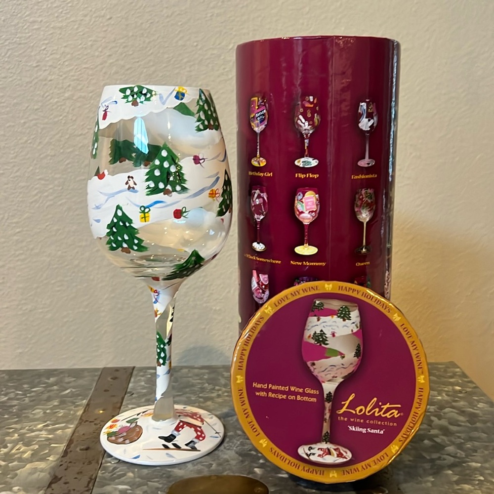 Lolita Skiing Santa Collectible Wine Glass Hand Painted RARE